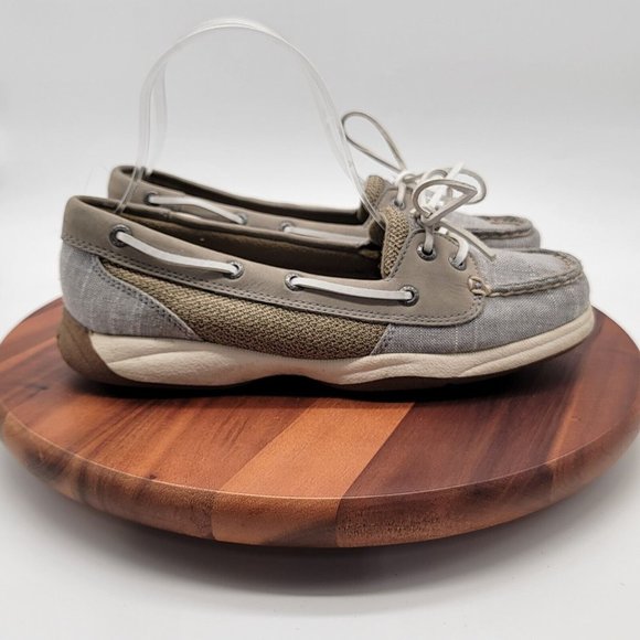 Sperry Top Sider Authentic Original Gray Leather Linen Preppy Slip On Boat Shoe - Picture 5 of 14